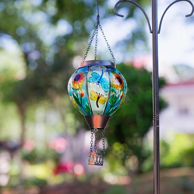 Hanging Hot Air Balloon Solar Lantern Dragonfly Solar Power Hot Air Balloon Lantern Outdoor Waterproof Glass Hanging Light for Outdoor Patio Garden Decor