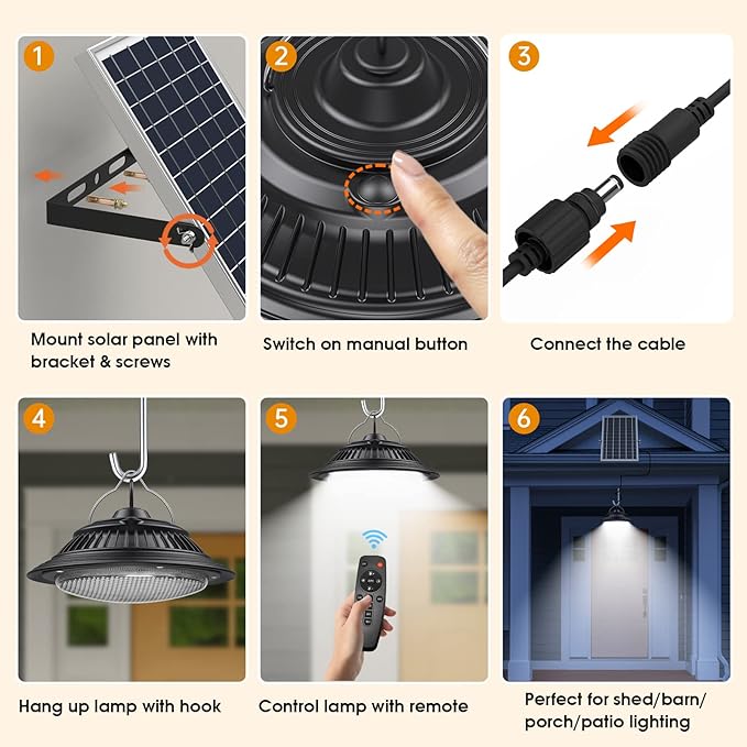 Solar Pendant Lights - Indoor/Outdoor Daytime &amp Night 3200K/4000K/6000K Solar Shed Light with ON/Off Switch &amp Remote Dimmable Hanging Chandelier Lights for Barn Porch Patio Chicken Coop
