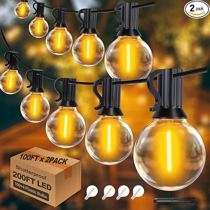 200Feet Outdoor String Lights G40 Globe String Lights 100+4 Replaceable 2200K Warm Bulbs Connectable Waterproof Outside Lights for Patio Backyard Party Wedding 2Pack x 100FT