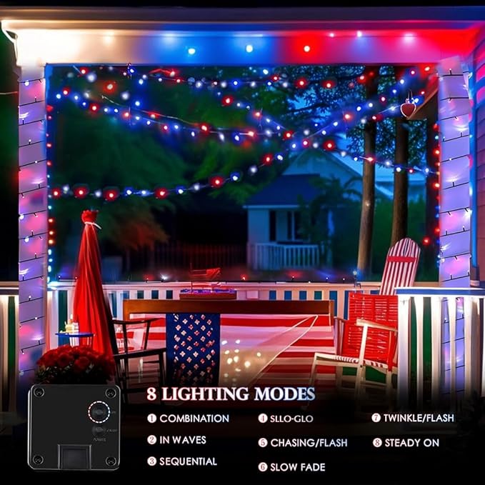 4pk Solar Christmas Lights Outdoor Red White and Blue Solar String Lights 400LED 132FT LED 4th of July Light Waterproof Solar Fairy Twinkle Light for Xmas Tree Independence Day Party Decorations