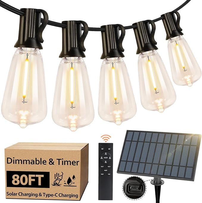 Bosceos Solar Outdoor String Lights Waterproof 80FT Solar Powered String Lights for Outside with Shatterproof Bulbs Dimmable ST38 LED Lights String Patio Hanging Lights for Backyard Garden Party