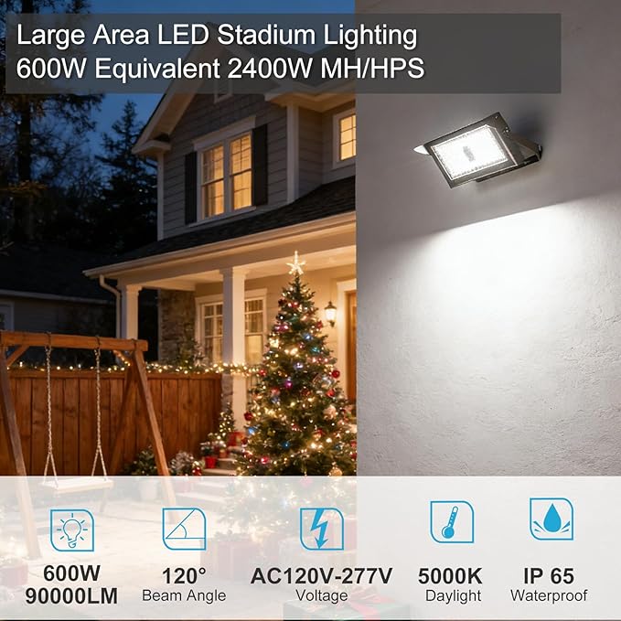 Upgrade 600W LED Stadium Flood Light Outdoor with Brim 90000Lm Led Flood Light with Adjustable Bracket IP65 AC100-277V Commercial Area Lighting with Plug for Backyard/Basketball Court-2Pack