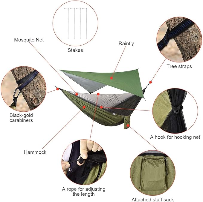 Camping Hammock with Rain Fly Tarp and Mosquito Net Tent Tree Straps Portable Single Double Nylon Parachute Hammock Rainfly Set for Backpacking Hiking Travel Yard Outdoor Activities Green
