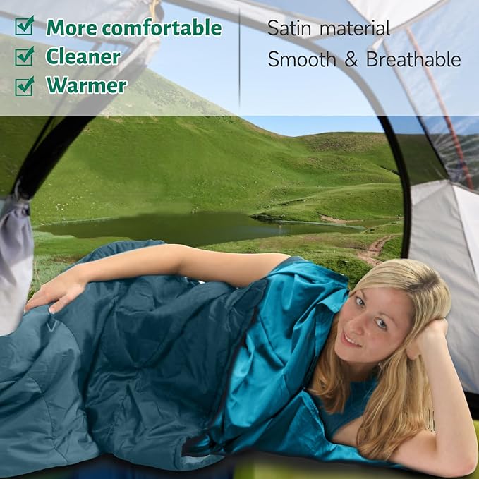 Ultralight Sleeping Bag Liner Satin Sleep Sack Comfy Breathable &amp Cooling &amp Silky Soft liner Travel Sheets &amp Adult Sleep Sack with 2 Way Zipper Ideal for Backpacking Hotel Camping H