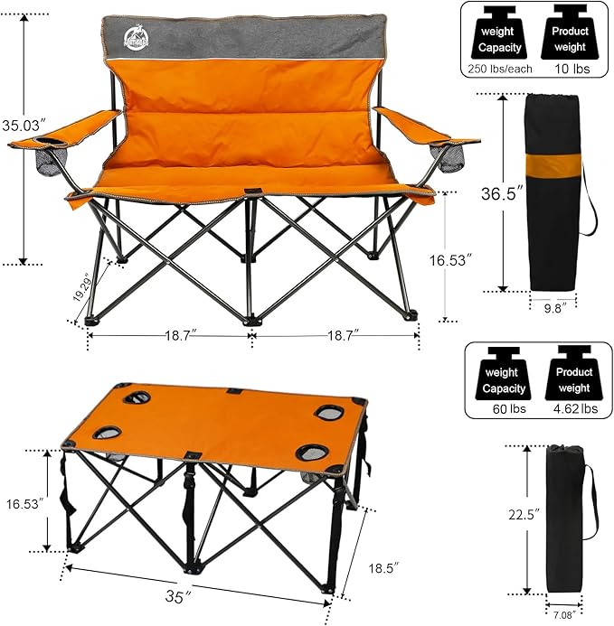Northroad Folding Camping Chair Set of 4 Portable Collapsible Conversation Set w/1 Sofa 2 Single Chairs 1 Table for Family Patio Outdoor Travel Beach(Orange)