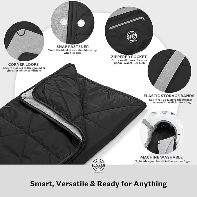 STOVER Large Waterproof Outdoor Stadium Blanket- Extra Thick Soft Fleece Camping Blanket for Travel Picnics Sports Dogs- 79x55 Warm Windproof Sand-Proof Lightweight Packable (Stadium Black)