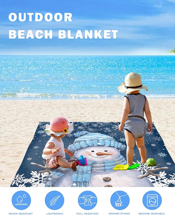 Beach Blanket Waterproof Sandproof Merry Christmas Snowman Winter Snow Quick Drying Beach Mat with 4 Stakes White Snowflakes Blue Back Lightweight Picnic Blanket for Travel Camping Outdoor 108x84