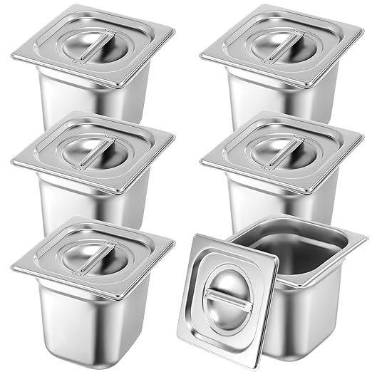 Thenshop 6 Pack Stainless Steam Hotel Pan with Lid Deep Steam Table Pan Reusable Anti Rust Water Restaurant Supplies for Home Party Buffet