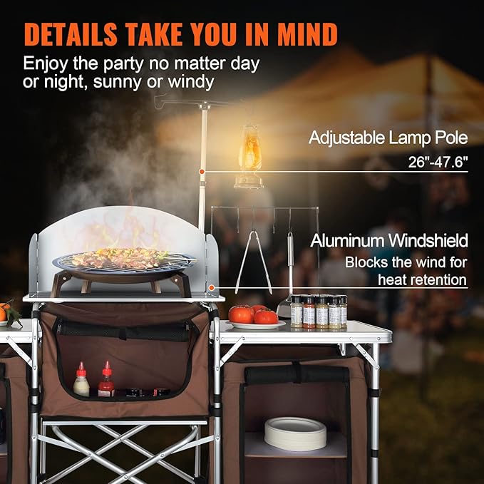 VEVOR Camping Kitchen Table Folding Outdoor Cooking Table with Storage Carrying Bag Aluminum Cook Station 3 Cupboard &amp Detachable Windscreen Quick Set-up for Picnics BBQ RV Traveling Brown
