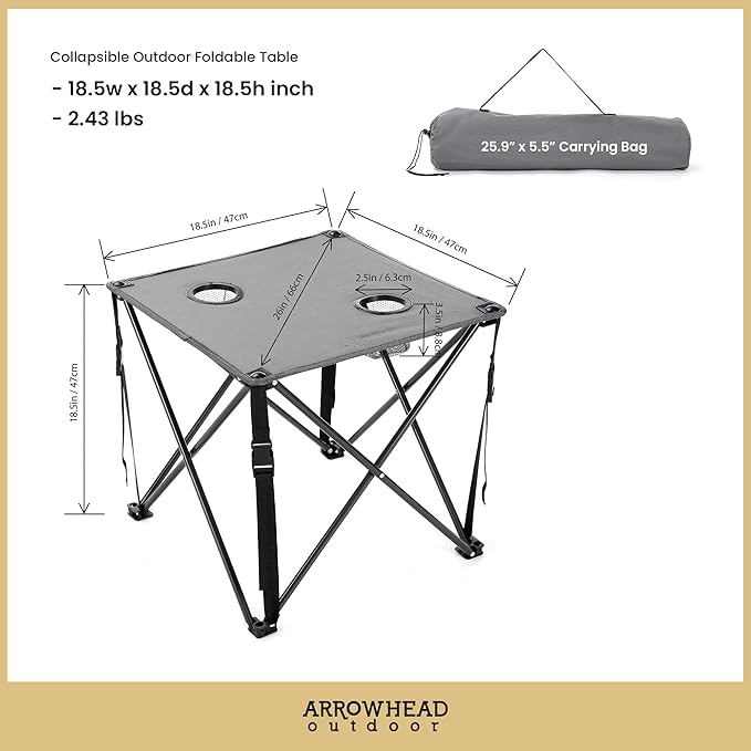ARROWHEAD OUTDOOR 26” (66cm) Portable Camping Folding Table 2 Cup Holders Square Carrying Case Steel Frame High-Grade 600D Canvas