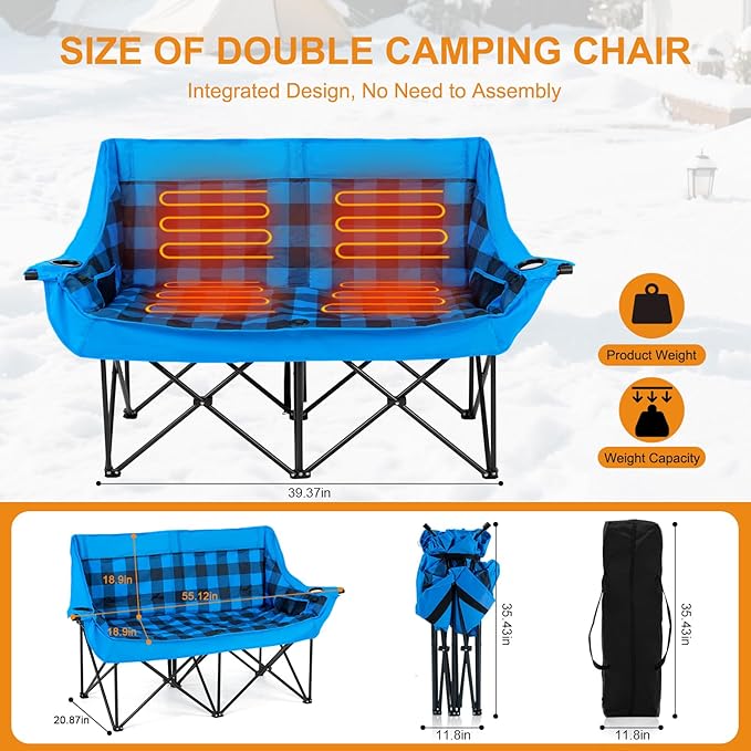 LILYPELLE Heated Double Camping Chair for 2 Person Oversized Padded Folding Loveseat with 3-Levels Heating Portable Camping Couch with Cup Holders &amp Side Pockets Heavy Duty Supports 500lbs