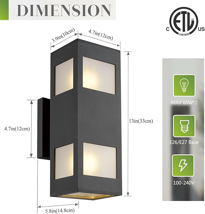 harriet Porch Lights Outdoor Modern - IP64 Waterproof Aluminum and Tempered Glass Cover 13 Rectangular Up/Down Wall Sconce for Porch Garage &amp Patio Exterior Lighting Black