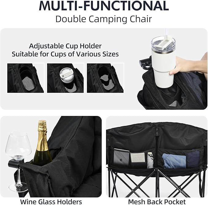 Double Camping Chair Padded Loveseat Chair for 2 Person - Heavy Duty Oversized Camping Couch for Adults Outdoor Sports Lawn Beach Portable Folding XL Chairs with Cup Holders and Carry Bag All Black