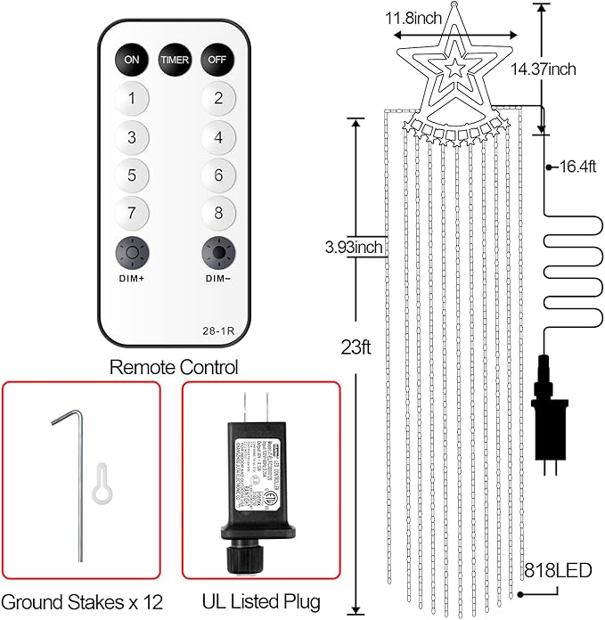 Christmas Decorations Star Lights Outdoor 23ft 11 Strand 818 LED Waterfall Tree Lights with 8 Modes Timer Remote Plug in Christmas Lights for Indoor Yard Patio Home Holiday Party Decor Warm White