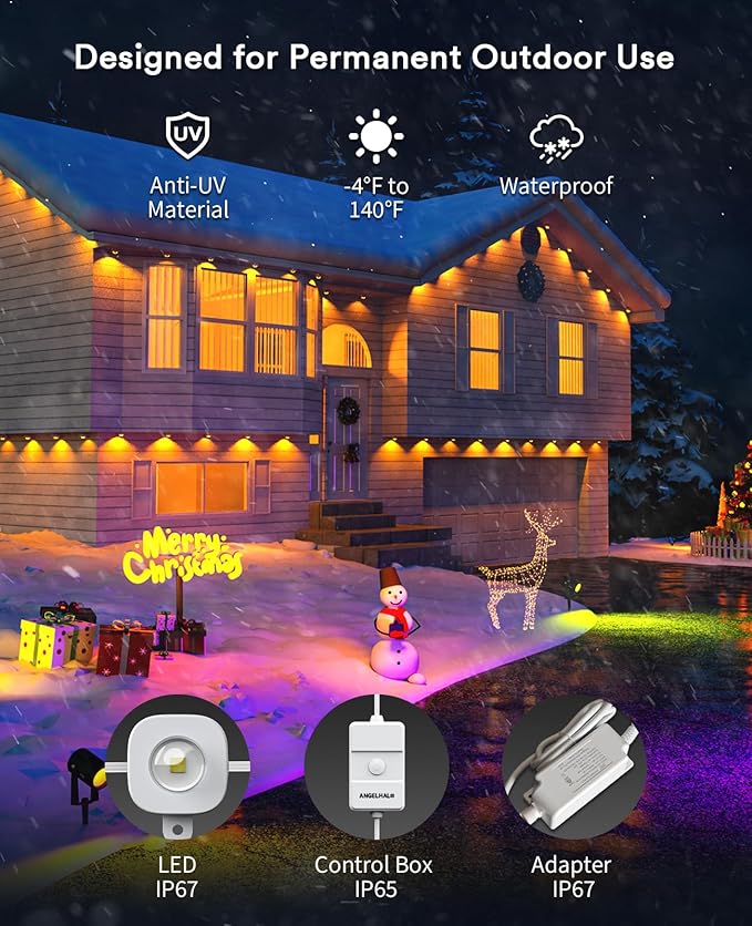 ANGELHALO Permanent Outdoor Lights 150ft Smart RGB Outdoor Lights with 108 LED Lights Cool/Warm Eaves Lights IP65 Waterproof for Outdoor Decor Garden Decor Compatible with Alexa Google Assistant