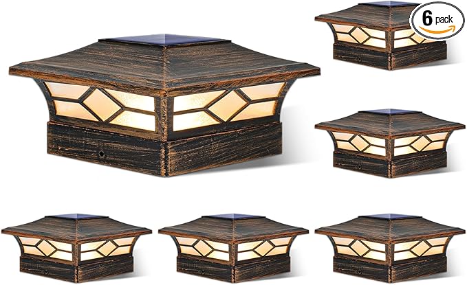 Solar Post Cap Lights Outdoor 6pack Waterproof Solar Powered Deck Fence Post Lights for 4x4 Wood/Vinyl Posts Solar Outdoor LED Light with Cool/Warm Lighting Decorate Garden Patio Porch…