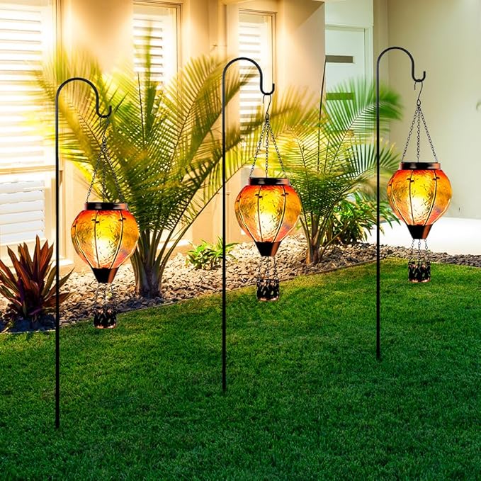 DREAMSOUL 2 PCS Rainbow Solar Hot Air Balloon Lantern with Flame Metal &amp Glass Solar Lanterns Outdoor Waterproof for Lawn Patio Tree Decor