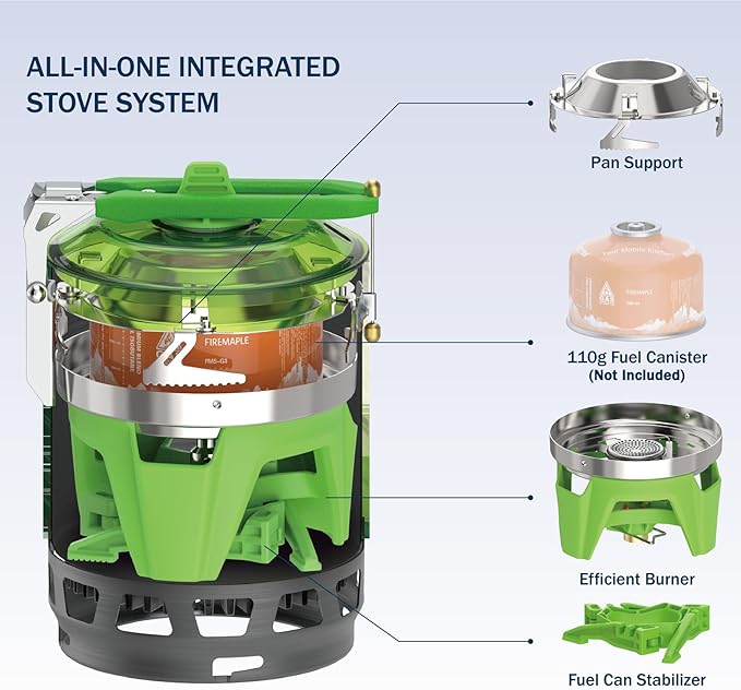 Fire-Maple Fixed Star 3 Personal Cooking System | Pot/Jet Burner Stove System with Electric Ignition | Ideal for Hiking Camping Backpacking Fishing Hunting Trips and Emergency Use Green