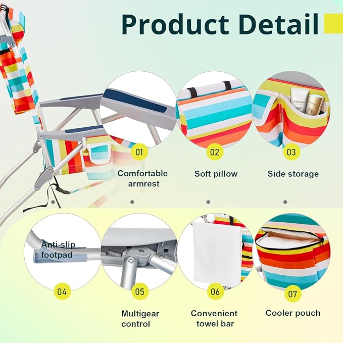 Lightweight Folding Beach Chair with Adjustable Back Cup Holder &amp Storage Pouch for Outdoor Activities
