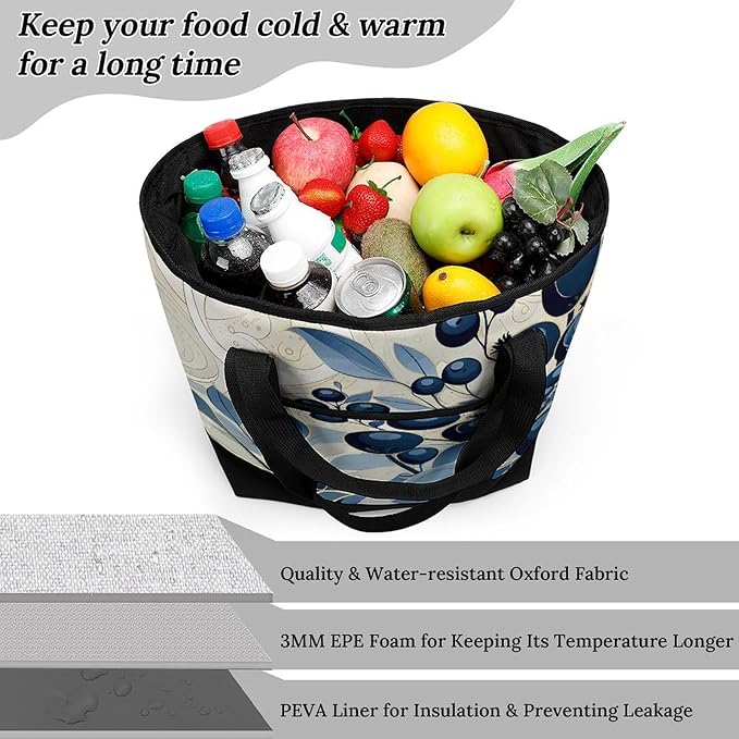 Insulated Shopping BagLarge Reusable Cooler Bags Field of Blueberries Printed Foldable Shopping BagTravel Waterproof Shoulder Bag