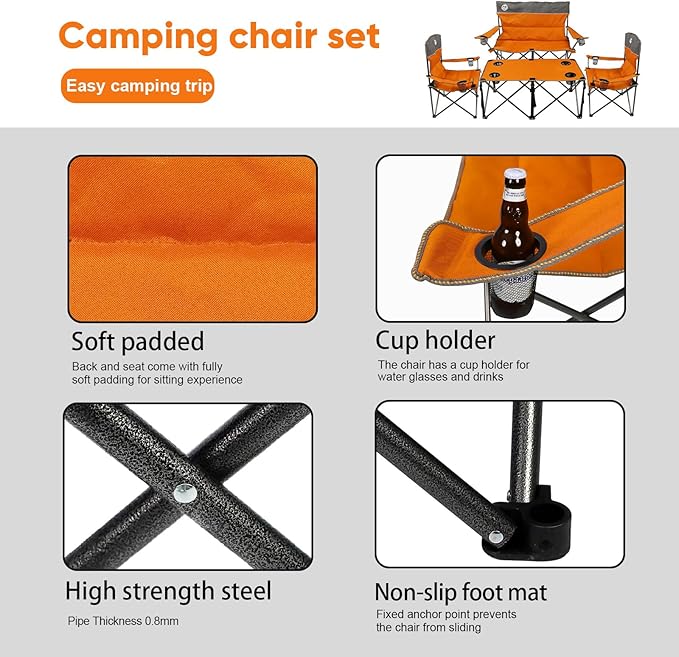 Northroad Folding Camping Chair Set of 4 Portable Collapsible Conversation Set w/1 Sofa 2 Single Chairs 1 Table for Family Patio Outdoor Travel Beach(Orange)