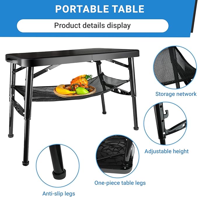 Portable Folding Table and Stool Set Lightweight Foldable Table &amp Collapsible Stool for Camping Picnic Beach Fishing Sturdy Small Outdoor Table with Mesh Layer Storage