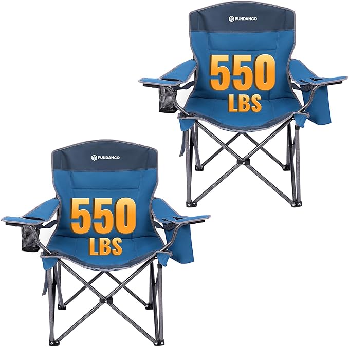 FUNDANGO Oversized Camping Chairs for Adults Heavy Duty Fold Up Sports Games Lawn Chairs Extra Wide Big Man Outdoor Chairs with Padded Lumbar Support Backrest Bag Included for Camp Beach 2 Pack