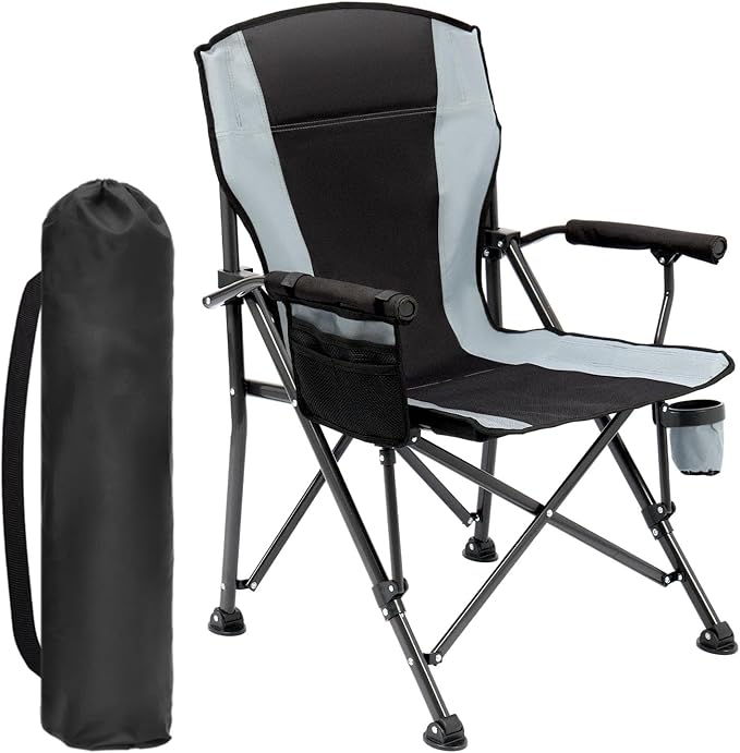 Oversized Folding Camping Chair for Adults Supports 450 LBS Camping Chairs Heavy Duty Camping Chair with Side Pockets Foldable Outdoor Chair for Camping Beach Fishing Hiking Black-Gray