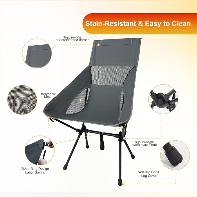 IEJ High Back Camping Chair Ultra-Lightweight Compact Folding Backpacking Chair for Adults with Carry Bag Quick Setup for Outdoor Camping Beach &amp Hiking Travel-Gray Green