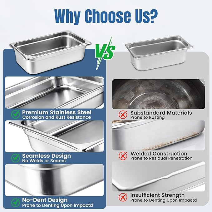 6 Pack 1/3 Size Steam Table Pan Set4 Deep Hotel Pans Anti Jam Stainless Steel Food Pan for RestaurantsCateringHotel BuffetHomeParty