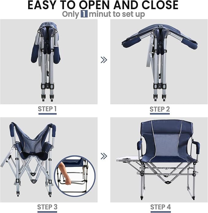 SHALLWE Oversized Director Chairs No Assembly Heavy Duty Folding Chair with Side Table for Camping Fold Up Outdoor Lawn Chairs for Adults Navy