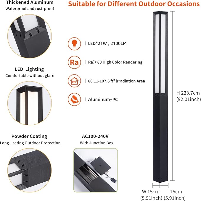 Landscape Path Lights 92 Tall Outdoor Pathway Bollard Light Waterproof Driveway Pole Lamp 3000K LED Yard Walkway Lighting Modern Patio Lantern AC100-240V Wired Fixture for Lawn Commercial