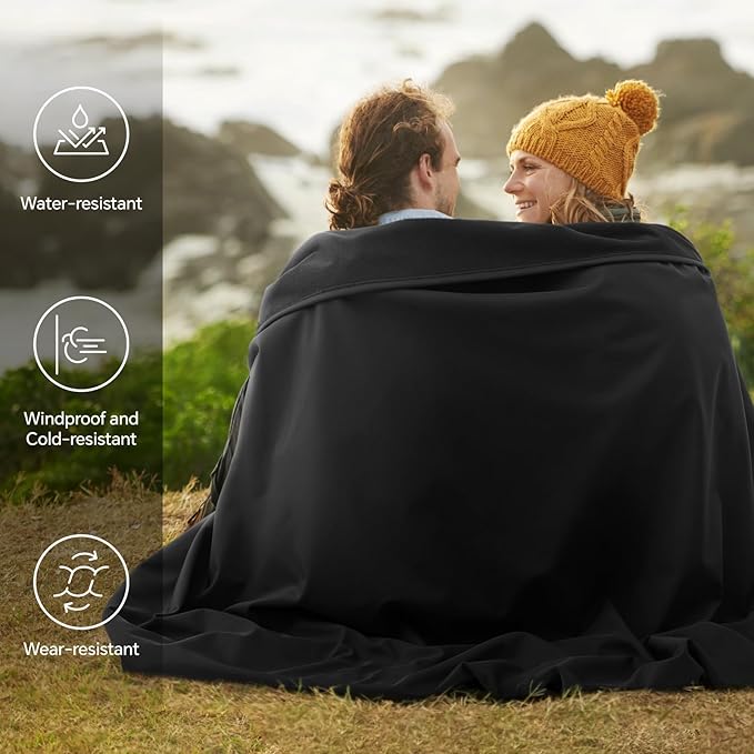 BEDELITE Large Waterproof Camping Blanket for Spring and Autumn Lightweight Packable Blanket for Car Foldable Fleece Stadium Blanket for Outdoor Sports Wearable Machine Washable 55 x 80Black