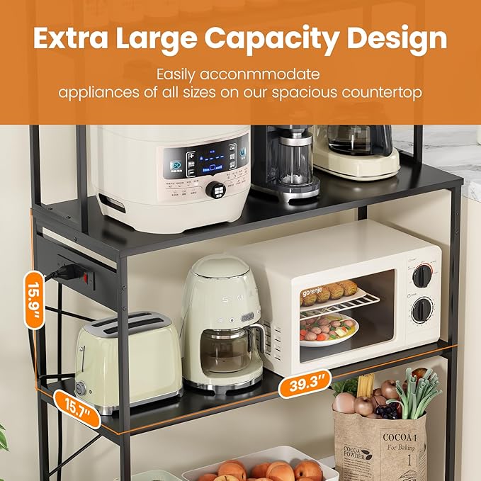 Large 5 Tier Bakers Rack with Electrical Outlets 39 Inch Microwave Stand Coffee Bar Kitchen Storage Shelf for Home Counter Space Organizer