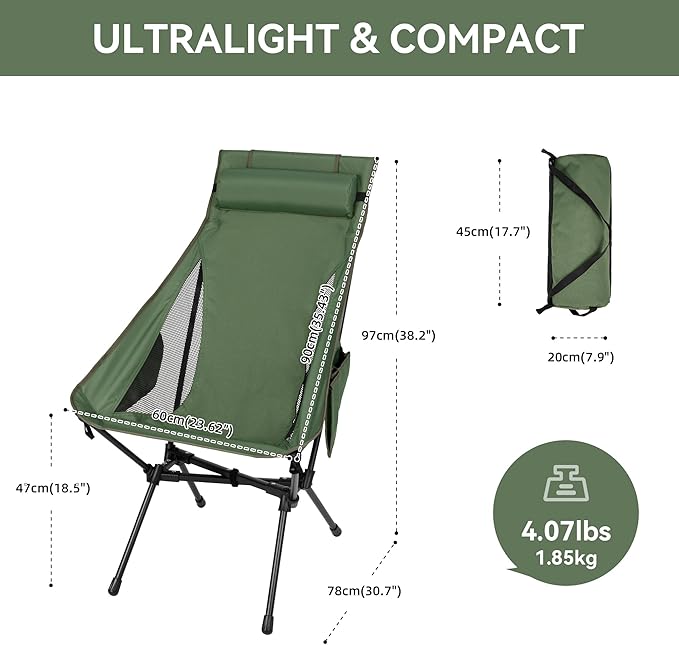 High Back Camping Chair Supports 440 lbs Portable Folding Backpacking Chair with Detachable Pillow for Camping Hiking &amp Travel(Green)