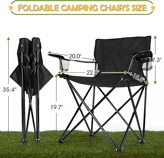 HaSteeL Folding Camping Chair Set of 3 Foldable Black Camp Chairs &amp Grey Table Large Lawn Chair Portable for Adults Hiking Fishing Picnic Outdoor BBQ Travel Sports Cup Holders &amp Storag