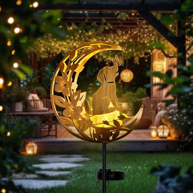 Lights Outdoor Decor Dog - Moon &amp Bird SolaGardenLights Waterproof Auto On/Off Pathway Lighting for Yard/Lawn/Patio Handcrafted Metal Solar-Stake-Lights for Outside Decorations