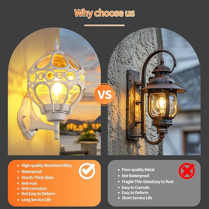 Globe Outdoor Wall Lights with Dusk to Dawn SensorWaterproof White Sphere Outside Wall Light Fixtures Anti-Rust Exterior Aluminum Round Porch Lights for Patio Porch Backyard GarageLarge