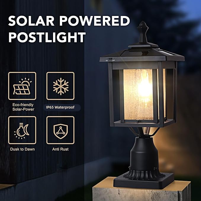 Outdoor Solar Lamp Post Light Dusk to Dawn Waterproof Aluminum Post Lamp with Pier Mount Base for Pole Deck Yard Garden Gates Patio Walkway