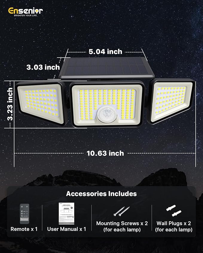 Ensenior Solar Lights Outdoor Motion Sensor 2600LM 220 LED High Brightness 3 Head 270° Wide Angle Flood Lights Remote Control Security Lights 4 Modes IP65 Waterproof Wireless Wall Light 3 Pack