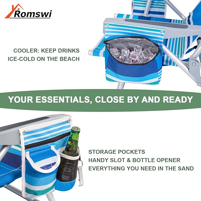 2Pk Aluminum 5-Position Lay Flat Folding Backpack Beach Chairs for Adults with Cooler Bag Cup&ampPhone Holder Towel Bar for Outdoor Lawn Picnic Sport Portable Foldable Camping Chairs Blue Stripe