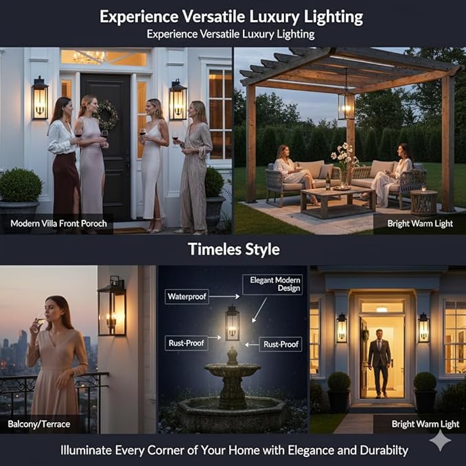 24 2Pack Outdoor Wall Light Fixture 3-Light Candelabra Exterior Wall Sconce E12 Base Clear Glass Modern Matte Black Porch Light IP65 Waterproof Wall Mounted for Front Door Garage &amp House