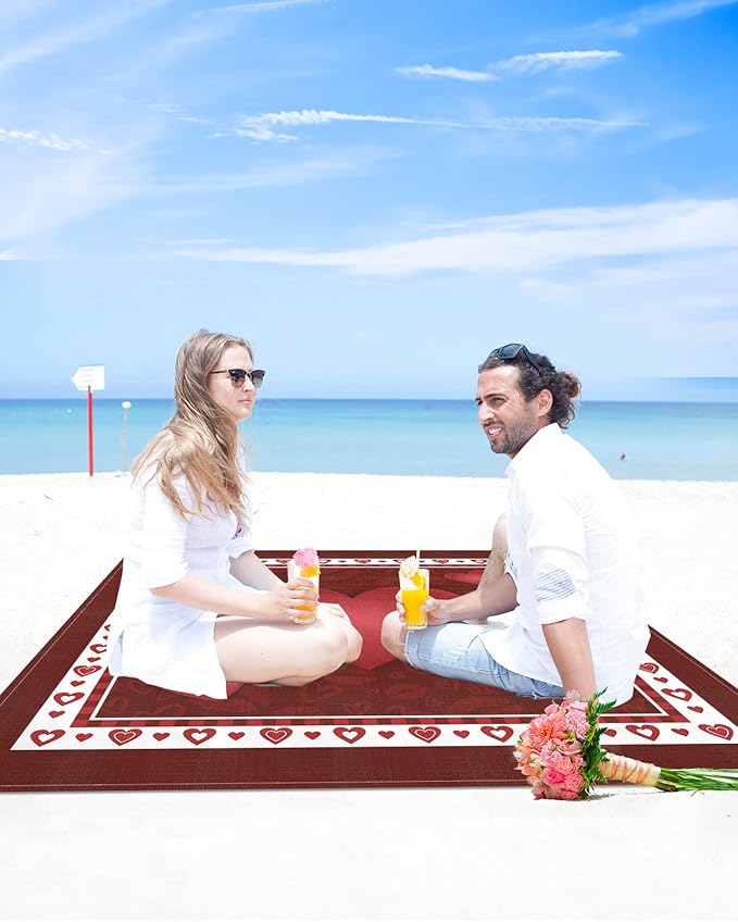 Beach Blanket Waterproof Sandproof OversizedValentine's Day Romantic Love Hearts Beach Mat with Corner Stakes Sand PocketsLip Kiss Texture on Red Outdoor Picnic Mat for Travel Camping108x84In