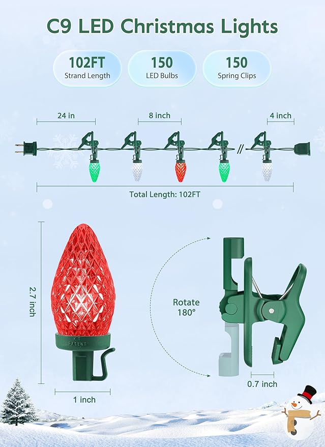 C9 LED Christmas Lights Outdoor 99 Feet 150 LED C9 String Light with 150 Spring Clips Waterproof Connectable Christmas Tree Lights for Outside Roofline Patio Home Xmas Decor Red Green Pure White