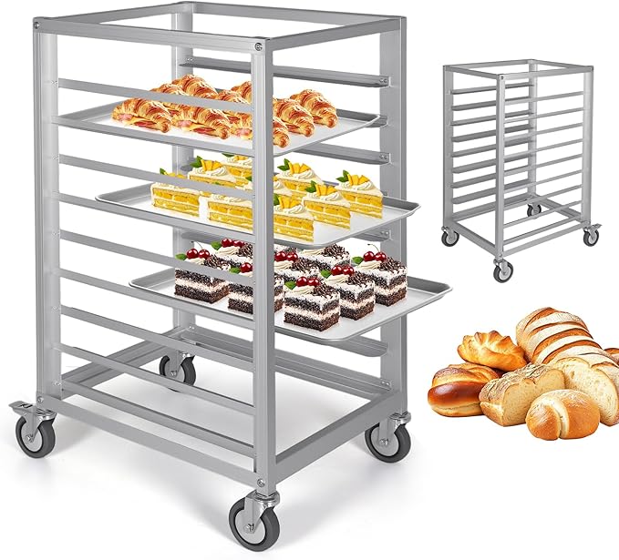 ETOYA 9 Tier 3 Inch Aluminum Bun Pan Rack with Brake Wheels &amp Side Load Design Commercial-Grade Heavy Duty Kitchen Bakery Cooling Rack for Bakery Restaurant &amp Home Kitchen