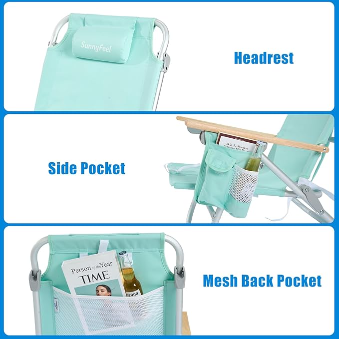 SUNNYFEEL Tall Beach Chair Reclining Beach Chair with 5-Position Portable Camping Chair for Adults with Wood Armrest Lightweight Camping Chair 300 lbs Heavy Duty Green