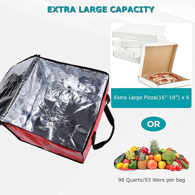 cherrboll Insulated Pizza Delivery Bag 20 by 20 by 14 -Inch Commercial Grade Food Delivery Bag Moisture Free (Red)