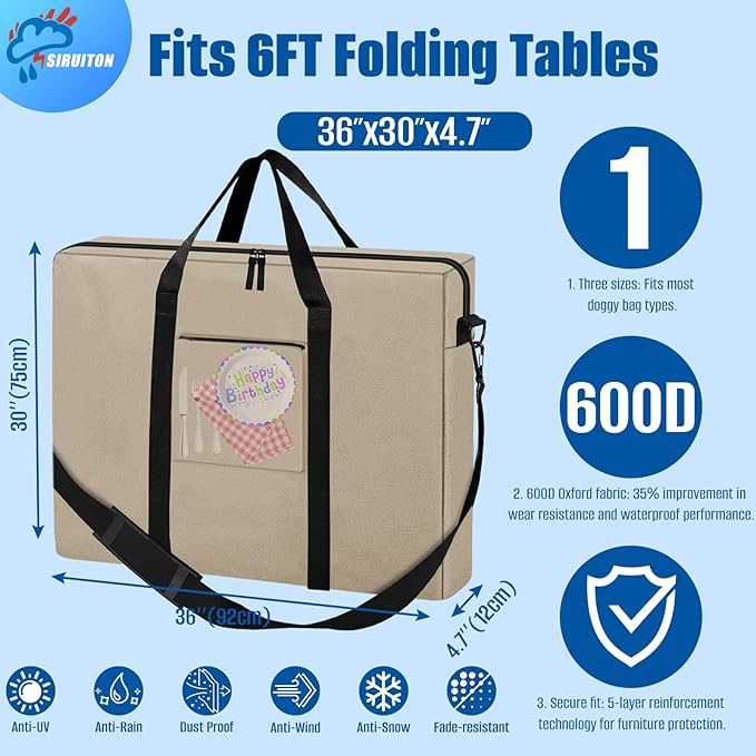 SIRUITON Folding Table Storage Bag Portable 600D WaterProof Carry Bag for Folding Picnic/Camp Tables with Reinforcing Plate &amp Shoulder Strap 36 D x 30 W x4.7 H Fits 6FT Folding Tables