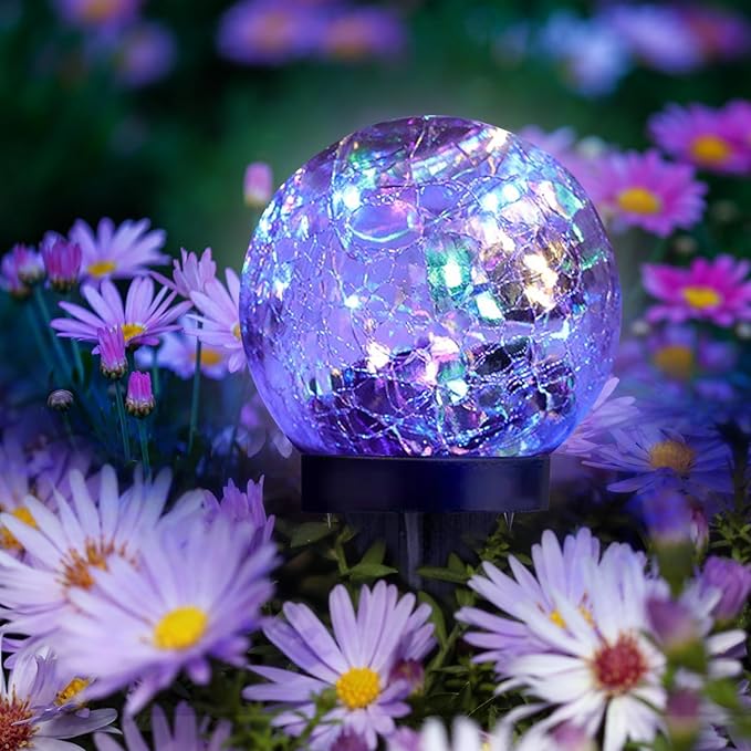 Solar Garden Lights Outdoor Waterproof 4 Pack Cracked Glass Ball Light Ground Landscape Garden Decor Solar Globe Decorative for Pathway/Patio/Lawn/Yard (Multicolor 4.7)