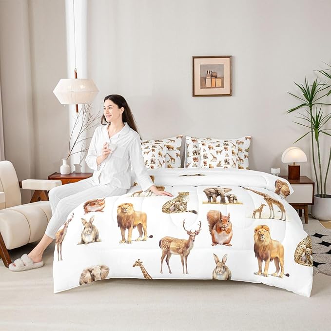 jejeloiu Zoo Animal 7 Piece Bedding Set for Girls Boys Kids Twin Size Cute Giraffe Bed in a Bag Room Decor Cartoon Animal Comforter Set with SheetsPillowcases &amp Cushion Cover White Brown Microfib